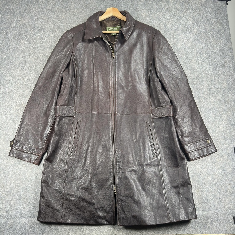 Eddie Bauer Coat Womens XL Brown Leather Mid Length Full Zip Lined Pockets